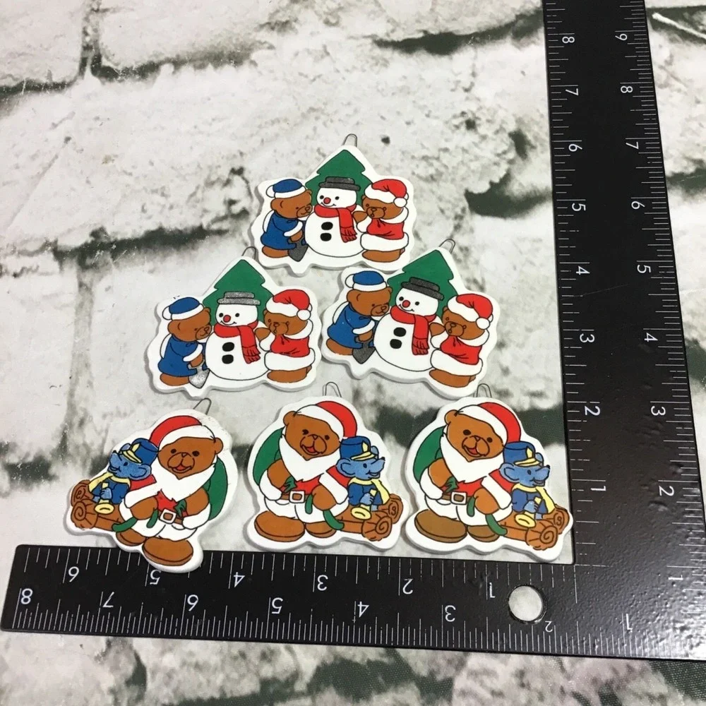 Christmas Ornaments Teddy Bears Snowmen Matching Lot Of 6 Flat Ceramic Approx 2